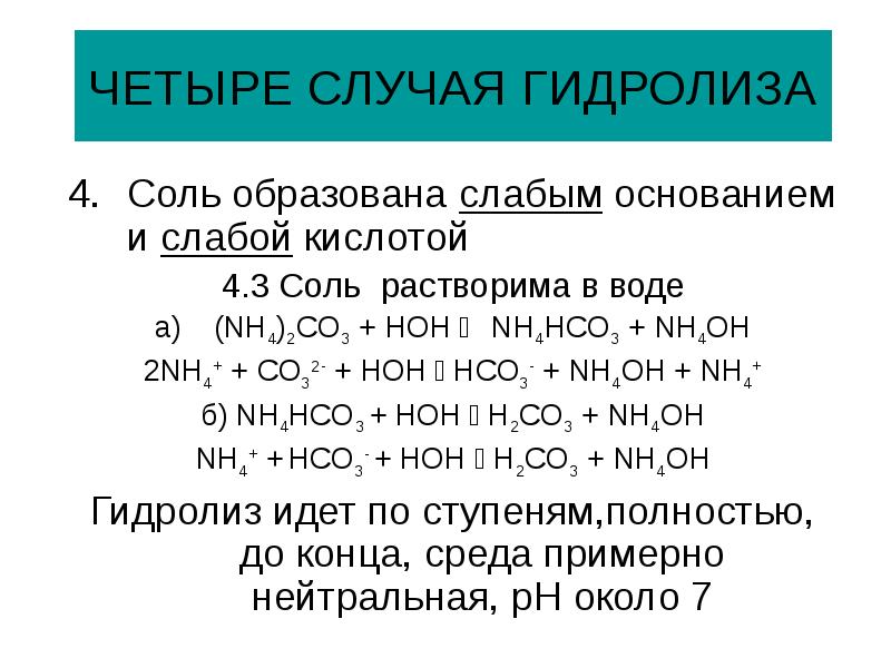 Соль образована слабым основанием и слабой кислотой