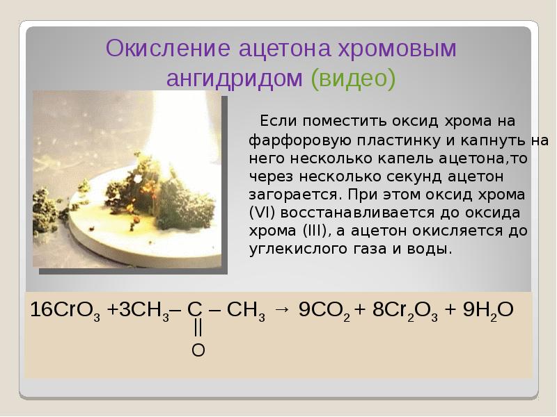 Если поместить оксид хрома на фарфоровую пластинку и капнуть на него Если поместить оксид хрома на фарфоровую пластинку и капнуть на него