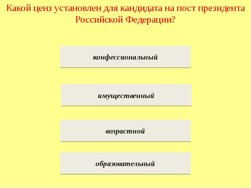 Имущественный ценз для квалов. Возрастной ценз для кандидата на должность президента. Ценз для кандидата на пост президента РФ. Избирательные цензы. Какие цензы установлены для должности президента.