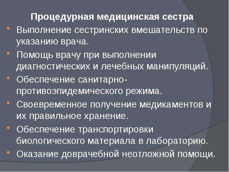 Организация работы процедурной медицинской сестры терапевтического отделения презентация