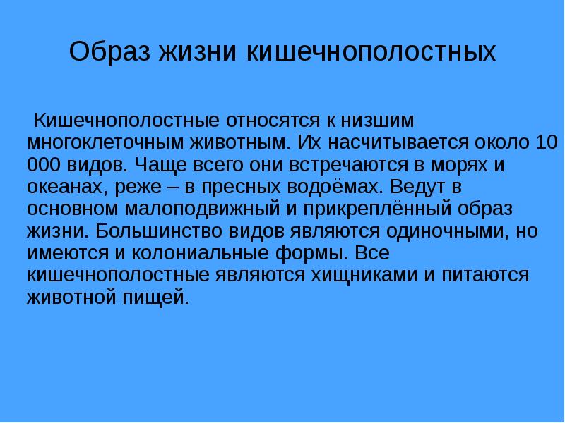 Прикрепленный образ жизни ведут. Образ жизни кишечнополостных.