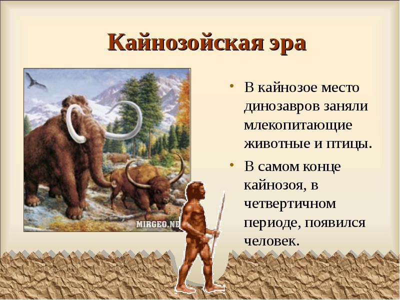 Кайнозойская эра
В кайнозое место динозавров заняли млекопитающие животные и птицы.
Кайнозойская эра
В кайнозое место динозавров заняли млекопитающие животные и птицы.