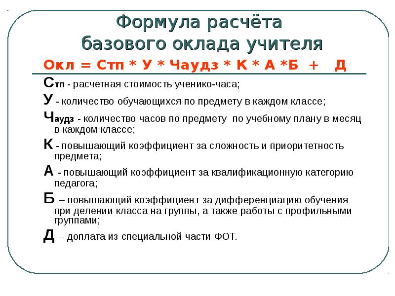 Расчет заработной платы учителя. Формула расчета зарплаты учителя. Формула расчета базового оклада учителя. Формула вычисления заработной платы педагогам. Базовый оклад учителя.