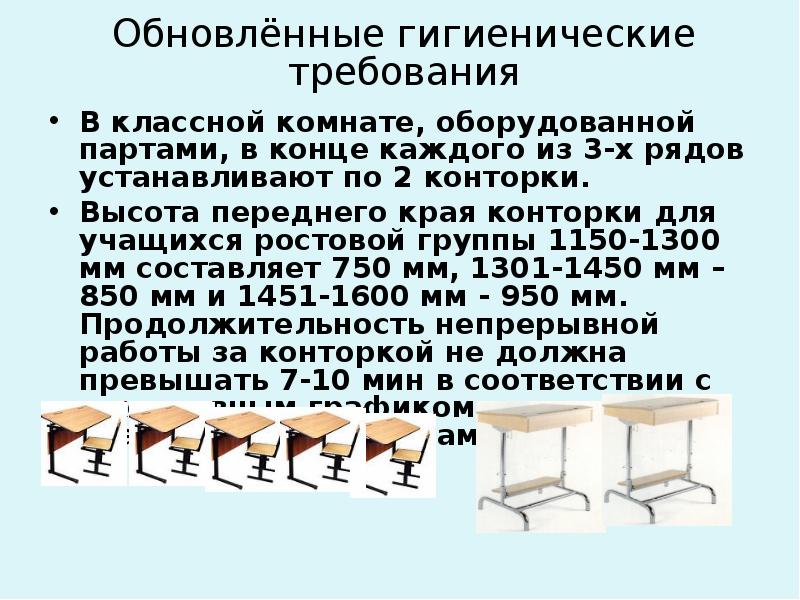 Гигиенические требования к основным параметрам классной комнаты и размещению мебели