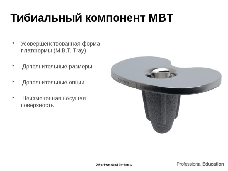 Тибиальный компонент MBT
Усовершенствованная форма платформы (M.B.T. Tray)
Дополнительные размеры Тибиальный компонент MBT
Усовершенствованная форма платформы (M.B.T. Tray)
Дополнительные размеры