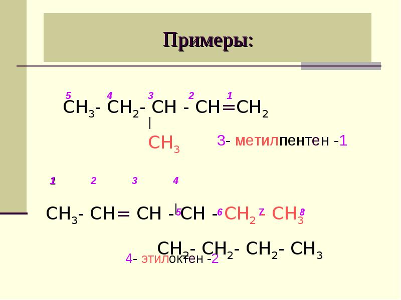 3 метилпентен 1. 3 Этилоктен 1. 3 Этилоктен 2. 2 Метил 4 этилоктен 1. 2 4 Метилпентен 2.