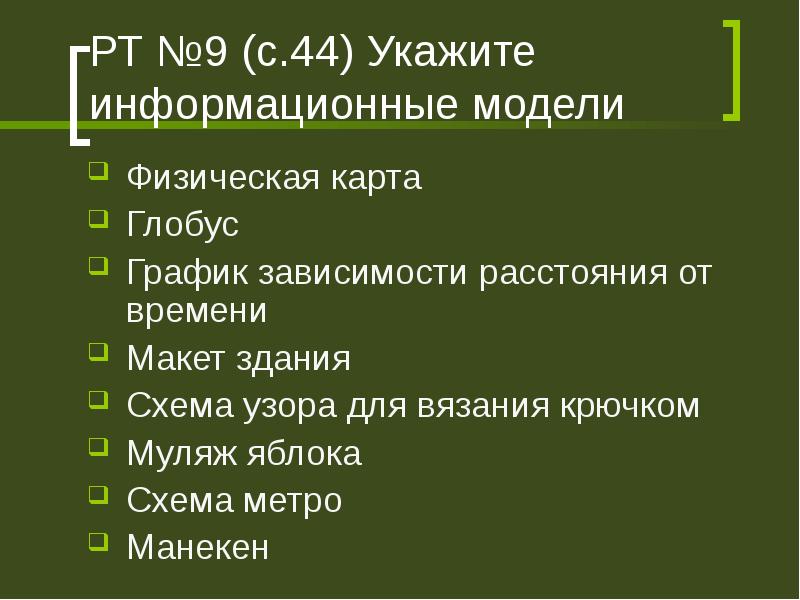 Укажите примеры информационных моделей физическая карта глобус график