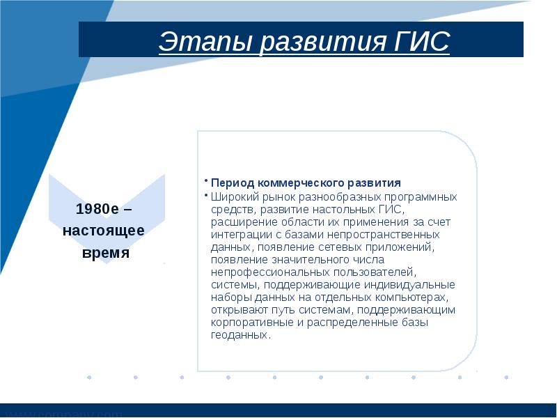 Коммерческий период. Этапы развития ГИС. Период коммерческого развития ГИС. Этапы развития ГИС располагаются в следующем порядке. Пользовательский период в развитии ГИС.