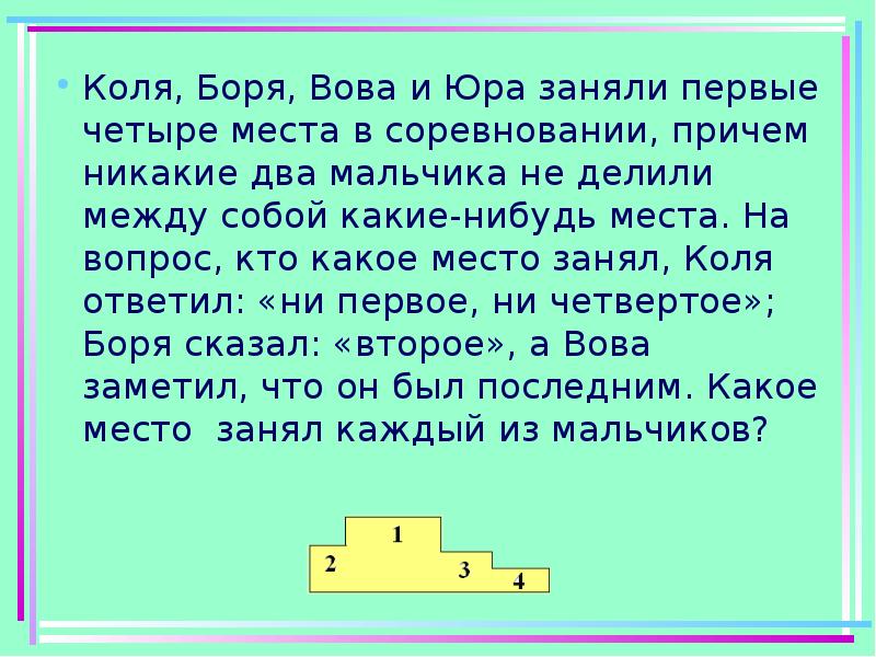 Четыре места. Коля Боря Вова и Юра заняли первые четыре места в соревновании. Слова с математической начинкой. Слова с математической начинкой с ответами. Коля Боря Володя и Юра заняли с 1 по 4 места в соревновании причем.