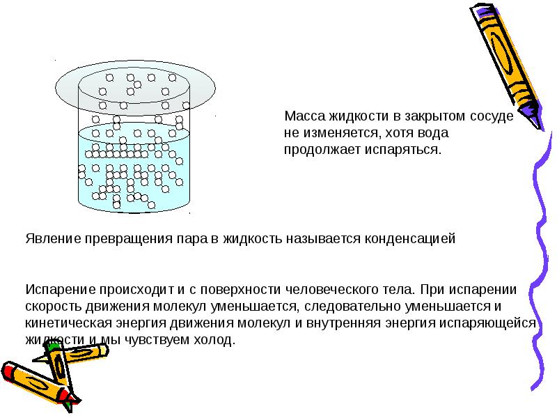 Кипение в закрытом сосуде. Испарение. Испарение движение молекул. Испарение и конденсация физика 10 класс. Физический смысл процесса испарения.