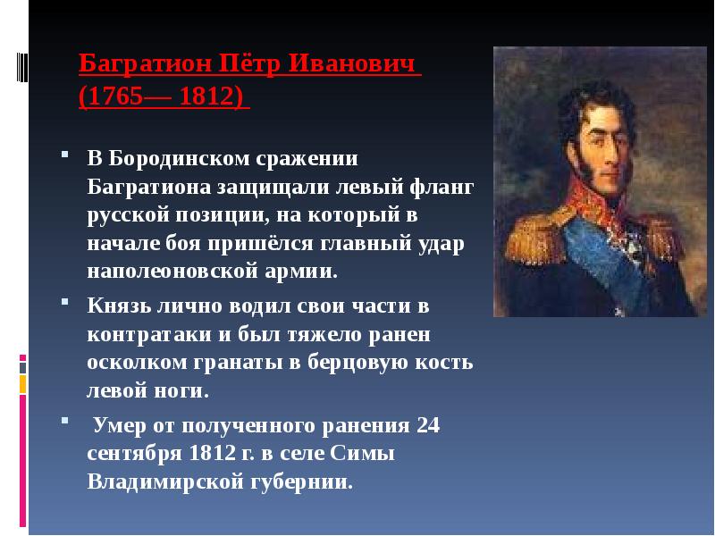 Князь багратион в бородинской битве. Герои Отечественной войны 1812 года Багратион.
