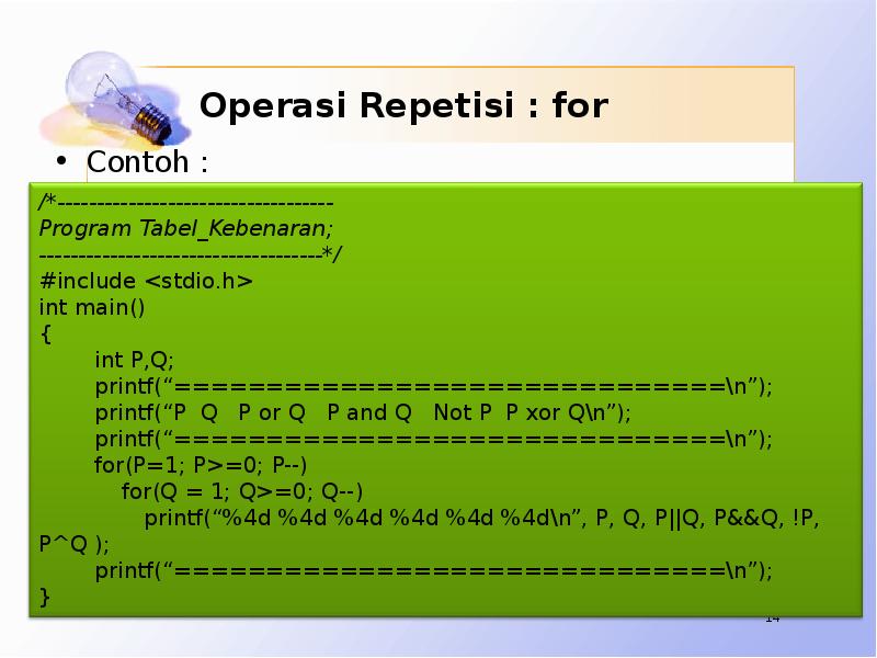 Operasi Repetisi : for Contoh :