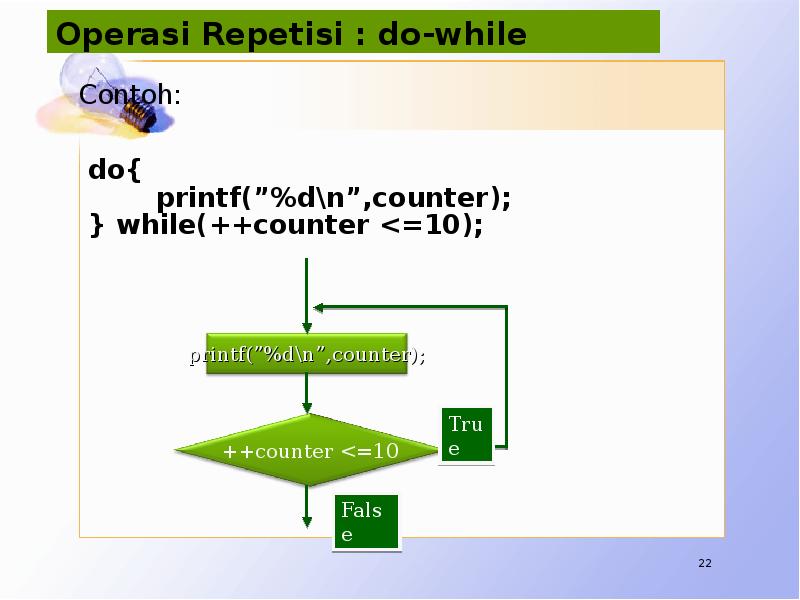 Operasi Repetisi : do-while Contoh: do{ 		  printf(”%d\n”,counter); } while(++counter