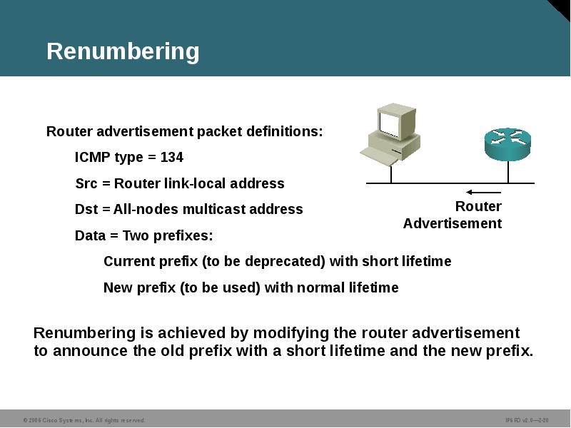 Renumbering
Renumbering is achieved by modifying the router advertisement to announce Renumbering
Renumbering is achieved by modifying the router advertisement to announce