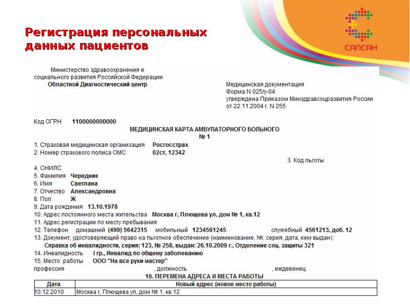 Регистрация персональных данных пациентов