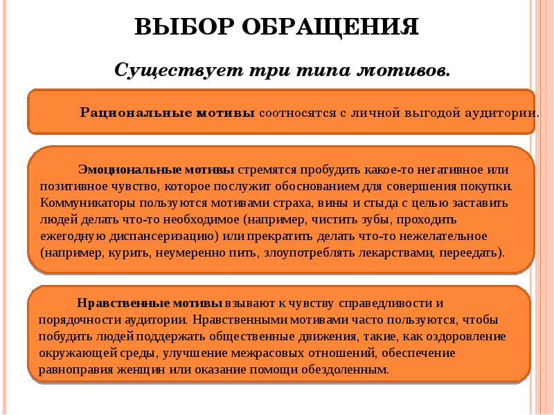 Какие обращения существуют. Эмоциональные и рациональные мотивы. Нравственные мотивы. Виды обращений к аудитории. Рациональные мотивы примеры.