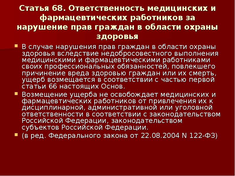 Ст 1 основ законодательства. Ответственность медицинских работников. Ответственность за нарушение прав граждан в сфере охраны здоровья. Ответственность медицинского учреждения. Ответственность медработников в сфере охраны здоровья.