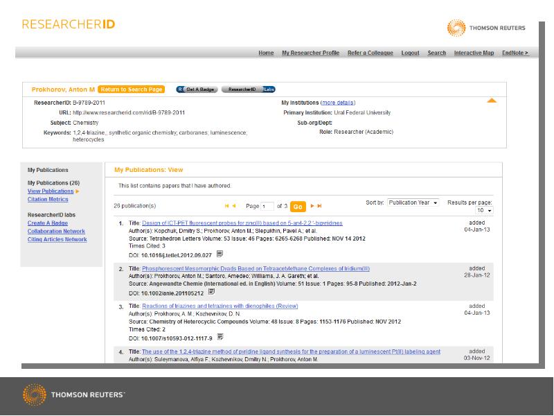 Publications view. Отлтчие RESEARCHERID от RESEARCHERLD WOS.