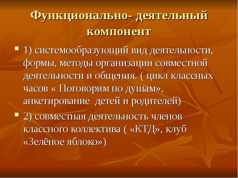 Деятельный компонент. Функционально деятельный компонент. Деятельностный компонент. Пример деятельного компонента.