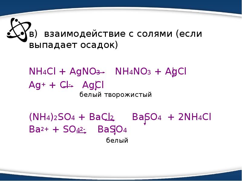 осадок) NH4Cl + AgNO3 NH4NO3 + AgCl Ag+ + Cl- AgCl белый творожистый(NH4)2S...