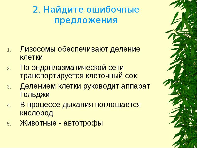 2. Найдите ошибочные предложения
Лизосомы обеспечивают деление клетки
По эндоплазматической сети 2. Найдите ошибочные предложения
Лизосомы обеспечивают деление клетки
По эндоплазматической сети