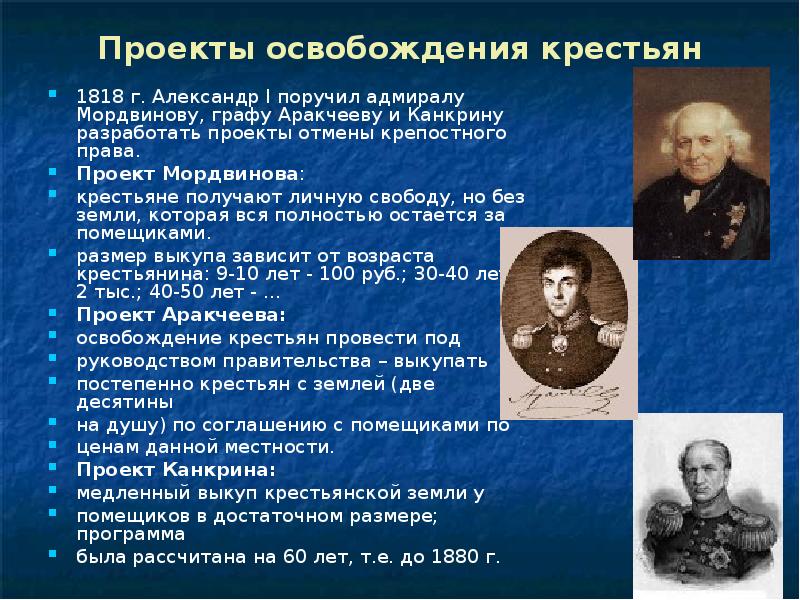 Разработка проектов отмены крепостного. Аракчеев и Александр 1 проект освобождения крестьян. Проект освобождения крестьян Мордвинова. Проект освобождения крестьян Гурьева и Мордвинова. Проекты освобождения крестьян 1818.