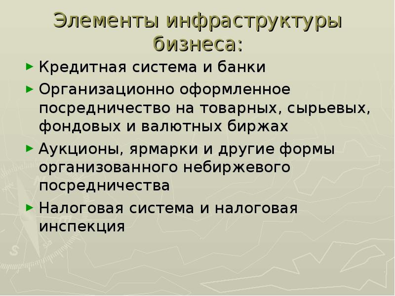 Элементы инфраструктуры бизнеса: Кредитная система и банки Организационно оформленное посредничество на