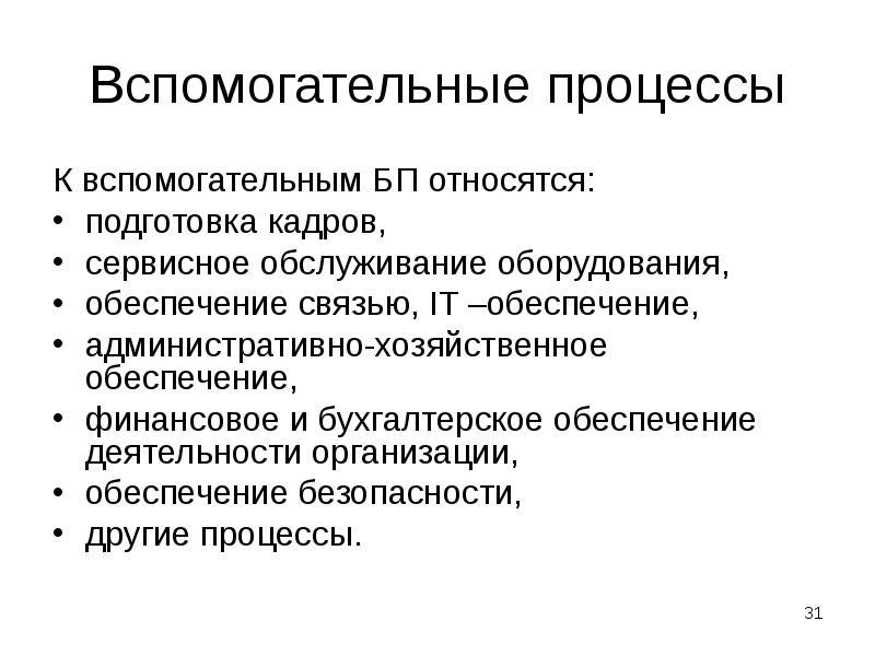 Вспомогательные процессы
К вспомогательным БП относятся:
подготовка кадров,
сервисное обслуживание оборудования,
Вспомогательные процессы
К вспомогательным БП относятся:
подготовка кадров,
сервисное обслуживание оборудования,