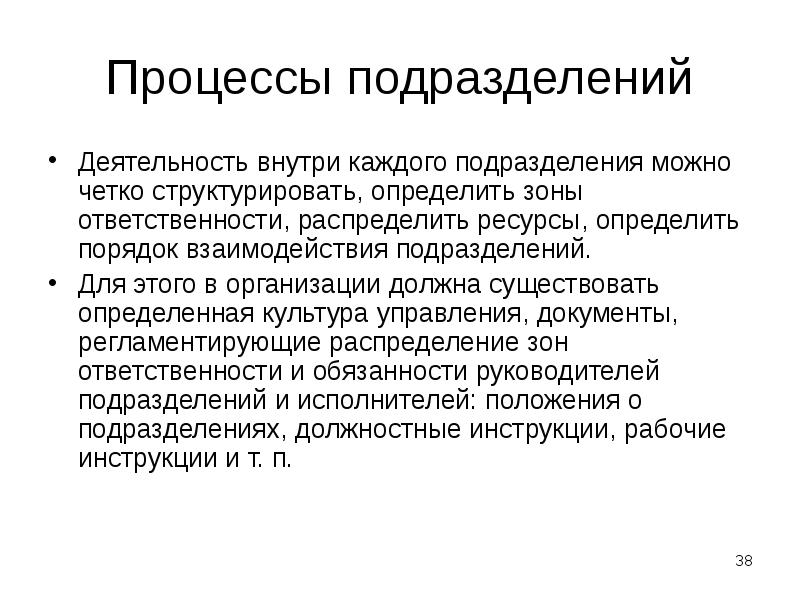 Процессы подразделений
Деятельность внутри каждого подразделения можно четко структурировать, определить зоны Процессы подразделений
Деятельность внутри каждого подразделения можно четко структурировать, определить зоны