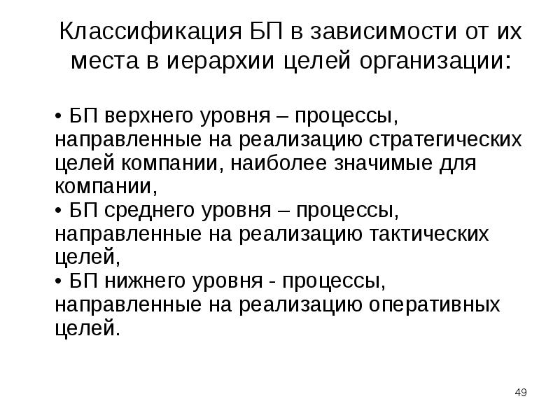 Классификация БП в зависимости от их места в иерархии целей организации: Классификация БП в зависимости от их места в иерархии целей организации: