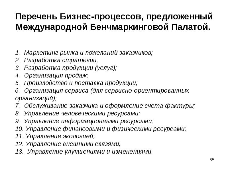 Перечень Бизнес-процессов, предложенный Международной Бенчмаркинговой Палатой. Перечень Бизнес-процессов, предложенный Международной Бенчмаркинговой Палатой.