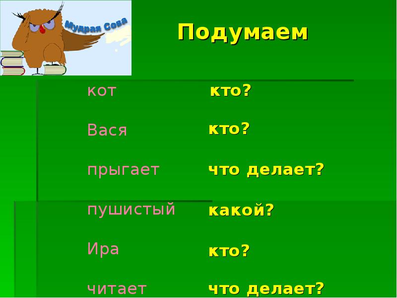 От существительного сад образовать глагол. Словарная работа 2 класс глагол. Кот кто или что. Кто прыгает. Кто какой что делает.