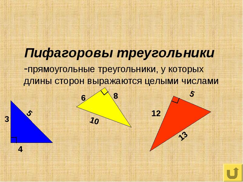 Назовите стороны данного треугольника. Теорема Пифагора Пифагоровы треугольники. Теорема Пифагора Египетский треугольник. Пифагоровы хуегольники. Прямоугольный треугольник стороны пример.