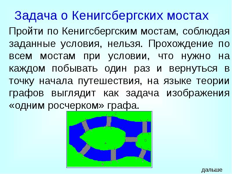 Задача о Кенигсбергских мостах
Пройти по Кенигсбергским мостам, соблюдая заданные условия, Задача о Кенигсбергских мостах
Пройти по Кенигсбергским мостам, соблюдая заданные условия,