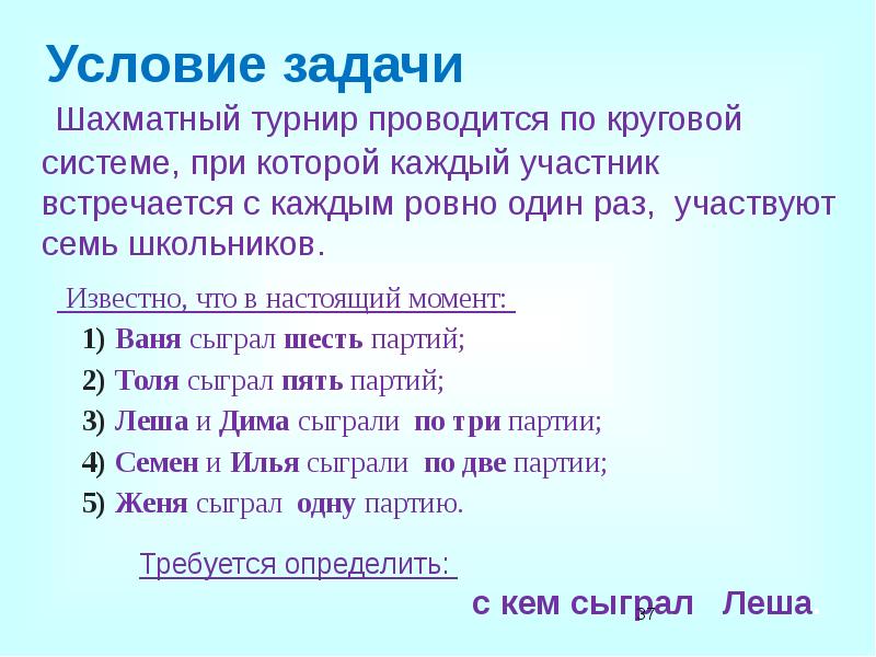 Условие задачи
Известно, что в настоящий момент:
Ваня сыграл Условие задачи
Известно, что в настоящий момент:
Ваня сыграл