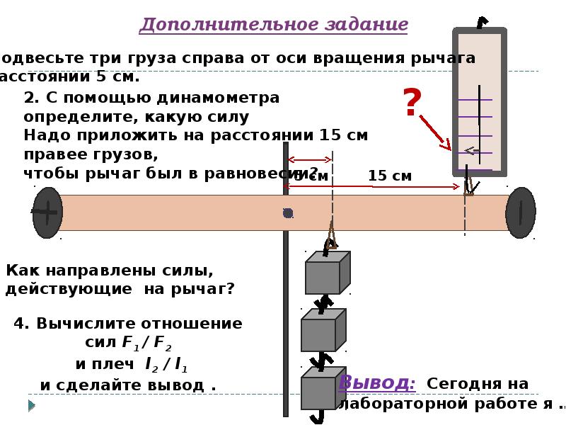 Согласно приведенному рисунку. Ось вращения рычага. Подвесьте три груза справа от оси. Подвесьте три груза справа от оси вращения рычага. Как найти ось вращения рычага.