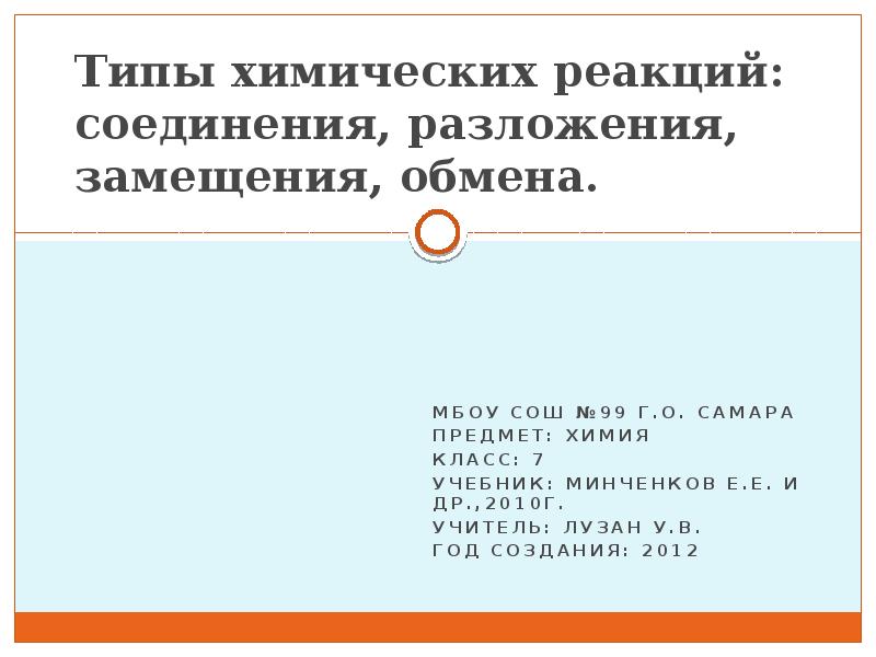 Типы химических реакций: соединения, разложения, замещения, обмена.
МБОУ СОШ №99 г.о. Типы химических реакций: соединения, разложения, замещения, обмена.
МБОУ СОШ №99 г.о.