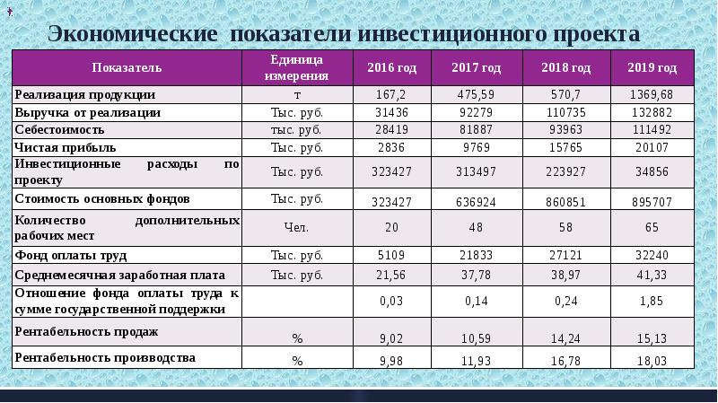 Основные показатели инвестиционного проекта