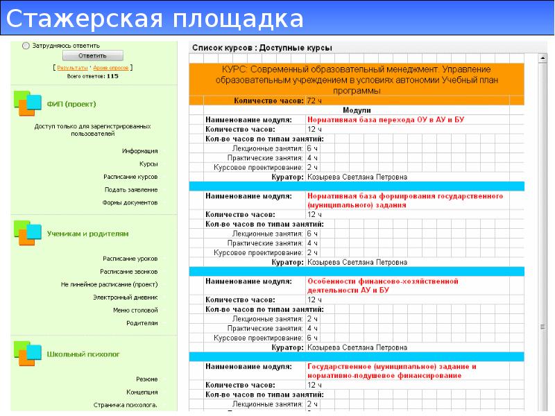 Учебный курс перевод. Список курсов. Название модулей в программе. Расписание по модульной технологии. Стажерская площадка.