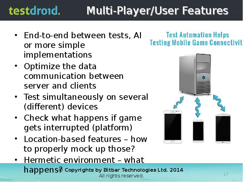 Multi-Player/User Features End-to-end between tests, AI or more simple implementations Optimize