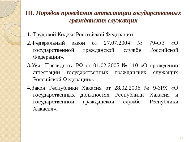 III. Порядок проведения аттестации государственных гражданских служащих
1. Трудовой Кодекс Российской III. Порядок проведения аттестации государственных гражданских служащих
1. Трудовой Кодекс Российской