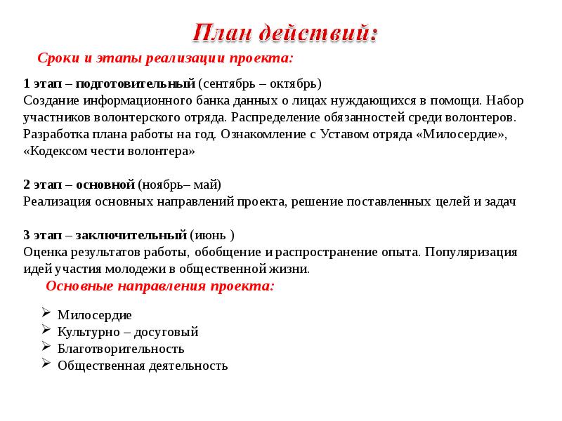 План волонтерской деятельности в школе