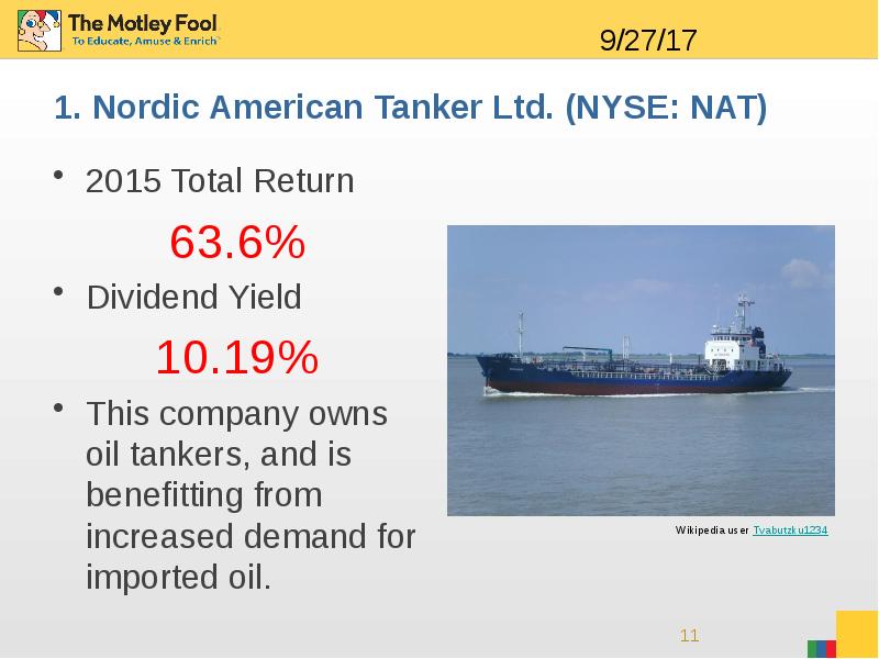 1. Nordic American Tanker Ltd. (NYSE: NAT) 2015 Total Return 63.6%