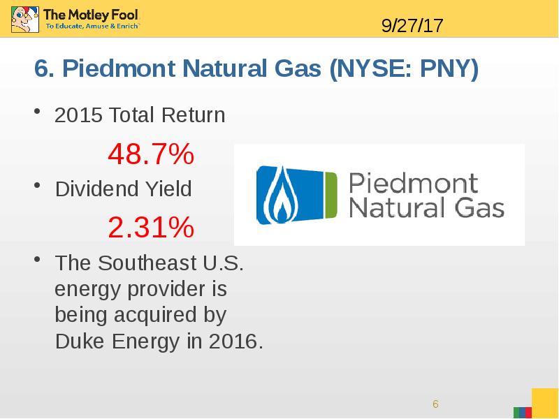 6. Piedmont Natural Gas (NYSE: PNY) 2015 Total Return 48.7% Dividend