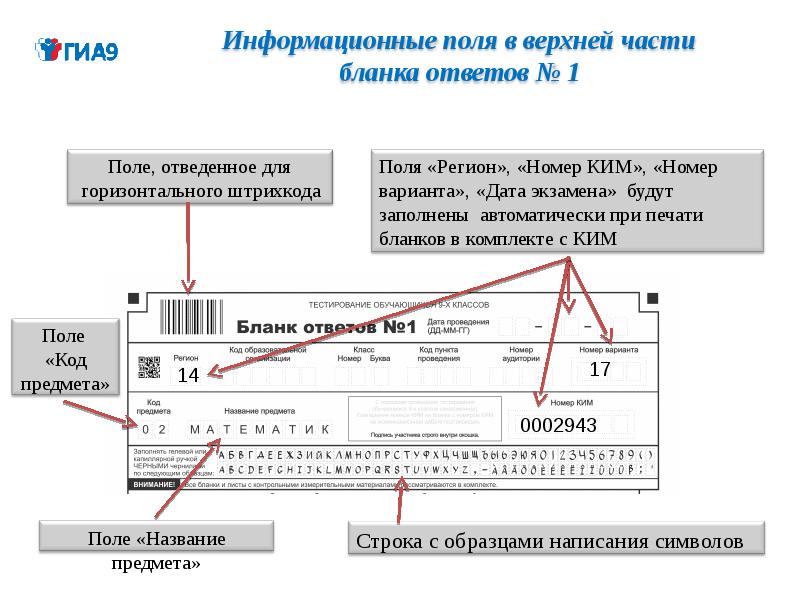 Дата варианта. Заполненный бланк горизонтального. Поля Бланка. Образец заполнения верхней части Бланка ответов № 1. Поле для информационной строки.