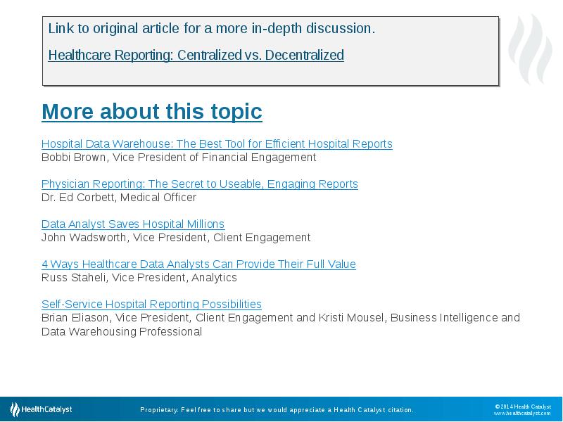 More about this topic
 Hospital Data Warehouse: The Best Tool for More about this topic
 Hospital Data Warehouse: The Best Tool for