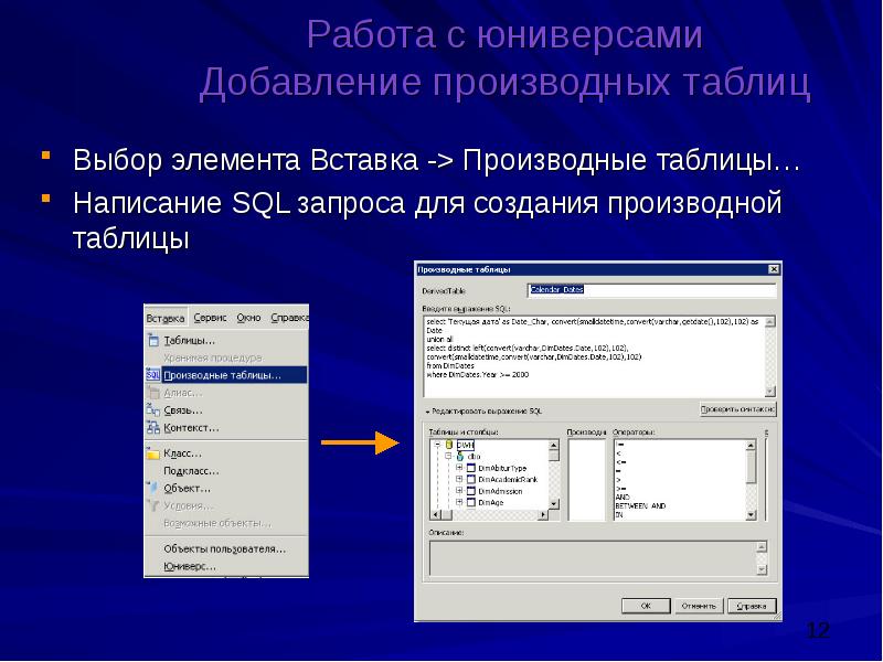 Элемент выбора. Производная таблица базы данных. Компоненты выбора. Линкованность вставленных элементов. Пользовательское по.