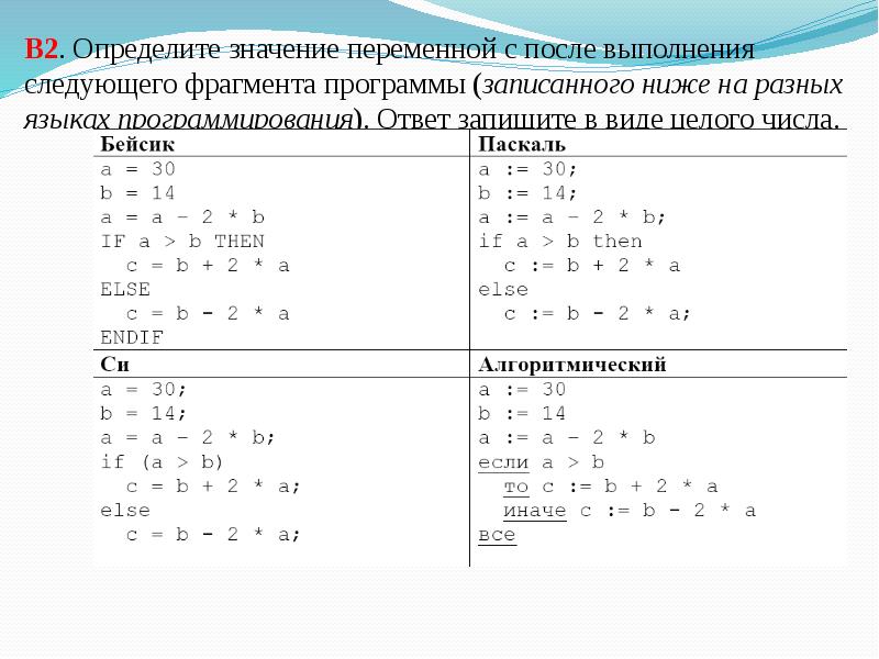 Найди 3 значения переменной. После выполнения фрагмента программы. Определите значения переменных после выполнения фрагмента программы. Определи значения переменных после выполнения фрагмента программы. Определите значение переменной c.