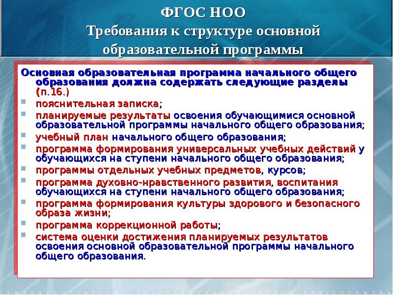 Программа фгос 2022. Разделы ФГОС НОО. Основные требования ФГОС НОО. Содержательный раздел ООП НОО. Требования ФГОС начального образования.