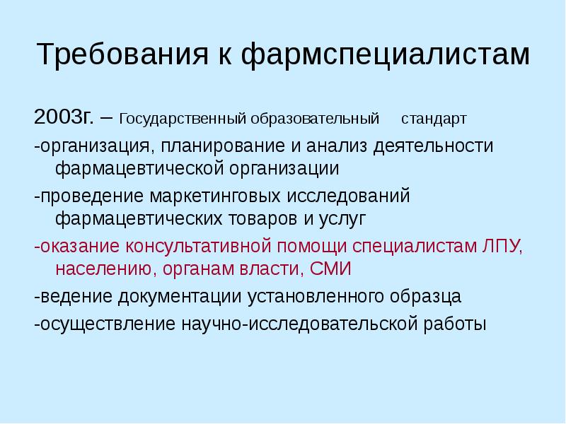 Требования к стандартам организации. Планирование деятельности аптечной организации. Анализ деятельности фармацевта. Требования к фармацевту. Требования к профессиональной деятельности провизора.